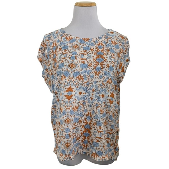 Rachel Zoe 100% Linen Floral Top Women’s L Wooden Buttons Coastal Lightweight - Picture 1 of 17